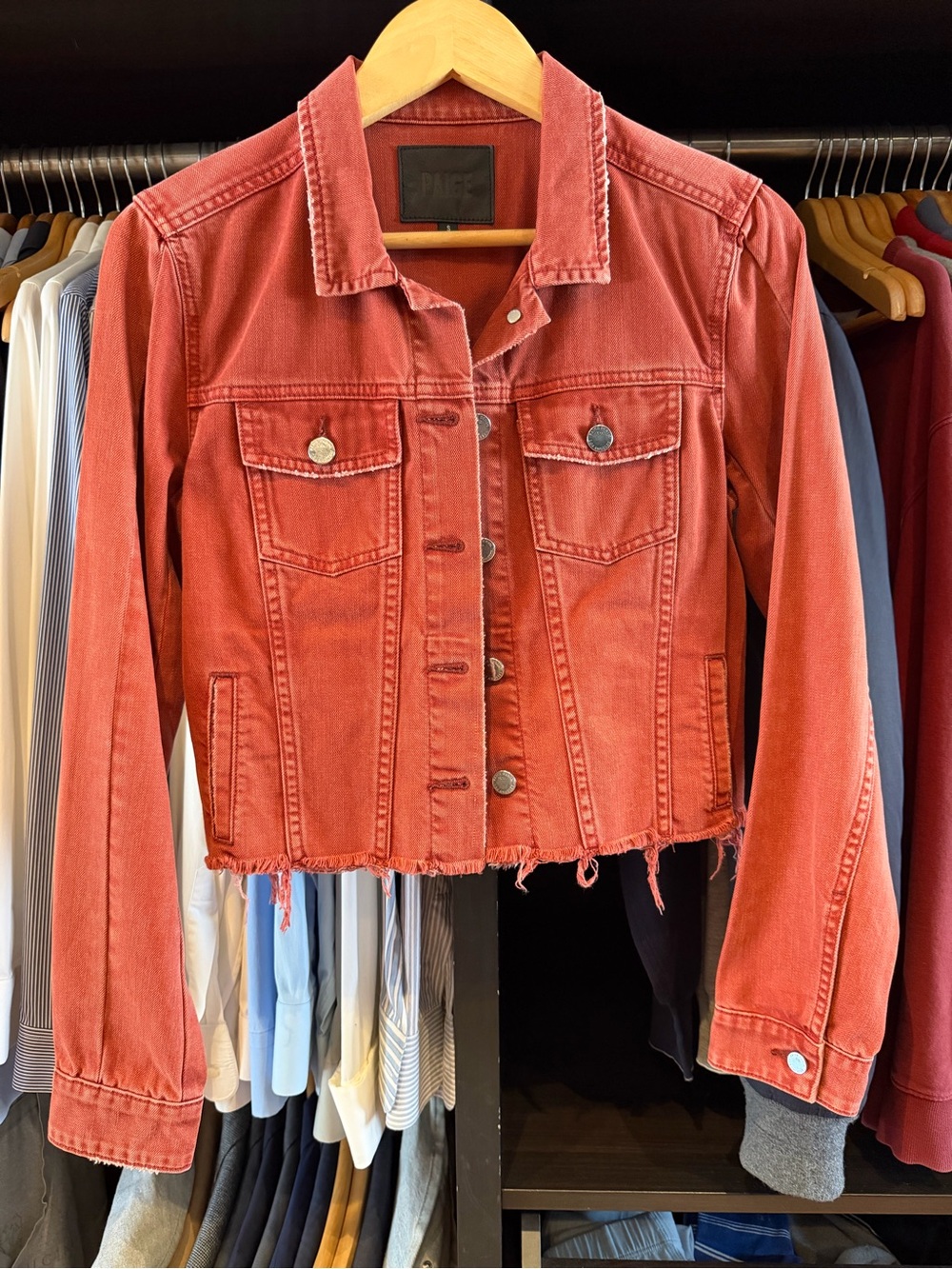 PAIGE Rust Red Cropped Denim Jacket